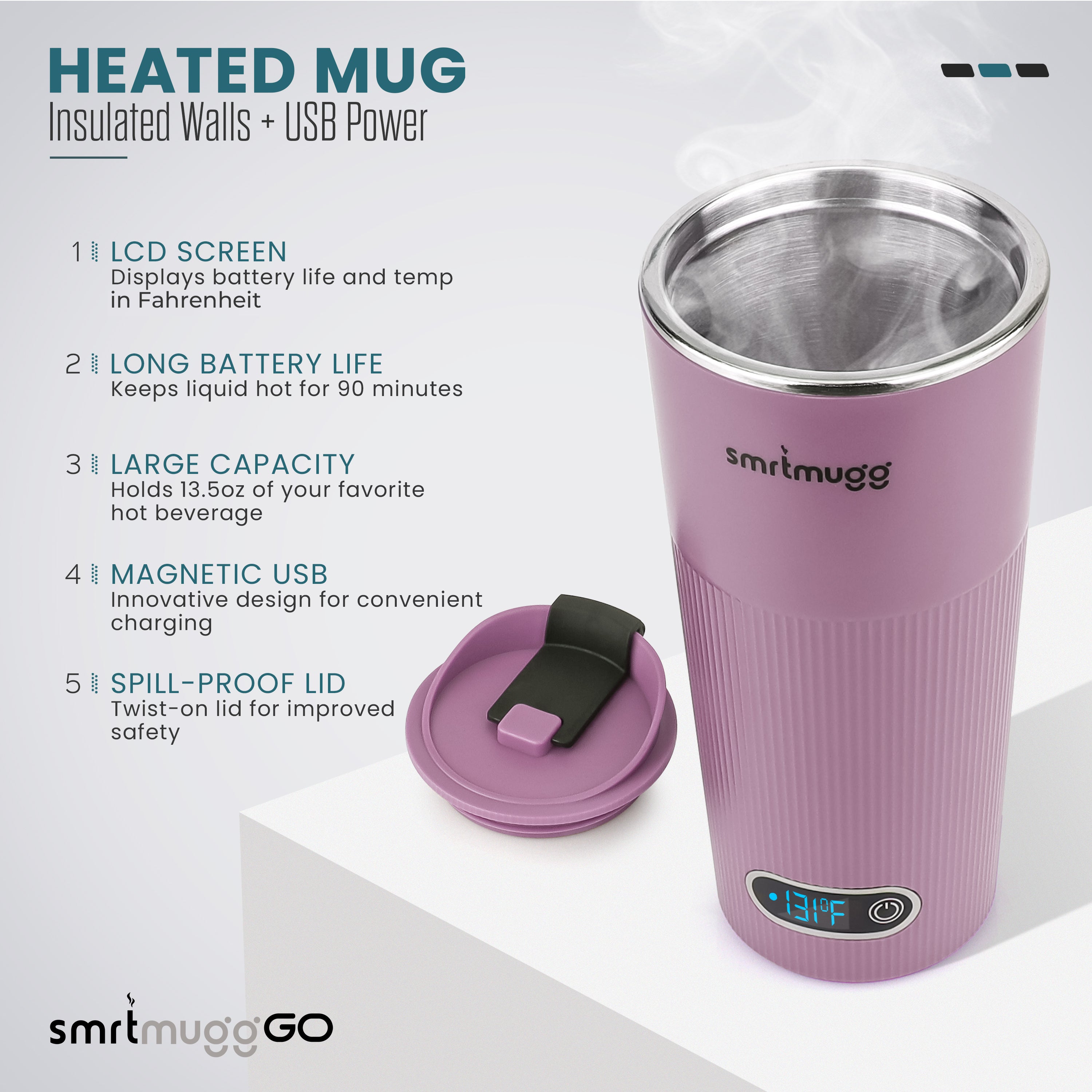 SmrtMugg Go V3 Lilac | Self-Heating Smart Coffee Mug
