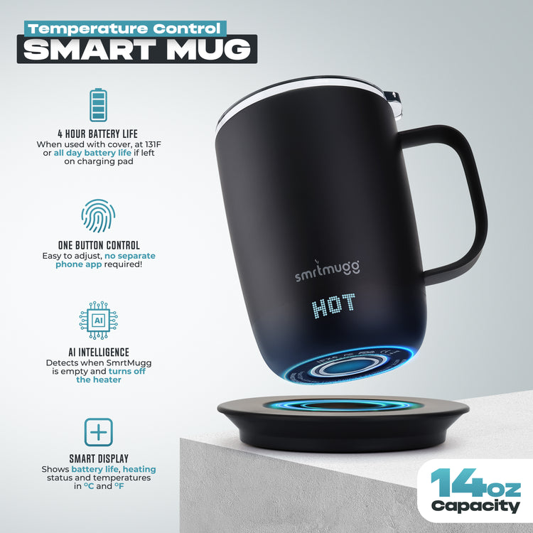 Smrtmugg PRO Heated Coffee Mug 14 oz, 4 Hour Battery Life Self-Heating Black-NEW